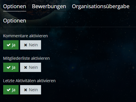Organisations Verwaltung - Allgemeine Optionen